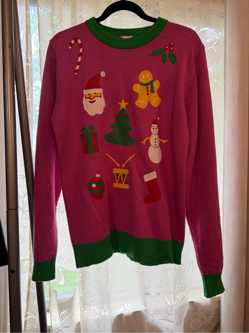 Holiday Graphic Crewneck Sweater in Pink with Green Trim
